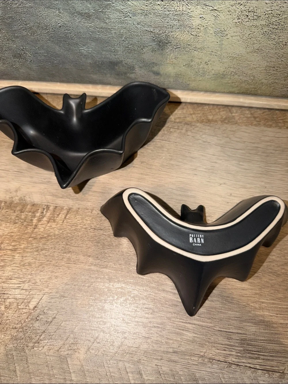 Pottery Barn Black and Cream Bat-Shaped Decorative Bowls